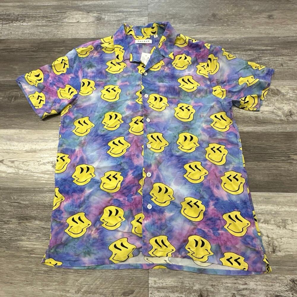 NWT Pacsun Trippy‎ Tie Dye Multicolor Mens M Smiley Faces AOP Rayon Button Shirt